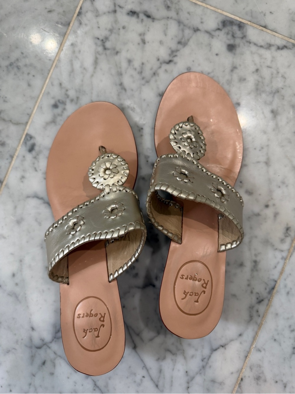 Jack Rogers Silver Leather Slide Sandals with Pink Footbed